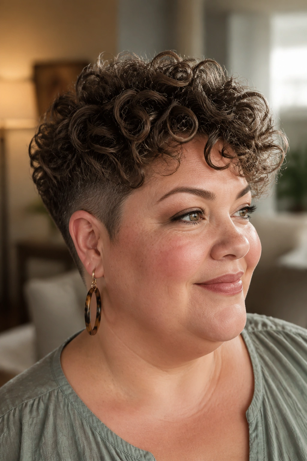 Close-up portrait of a real woman with curly bixie and tapered nape