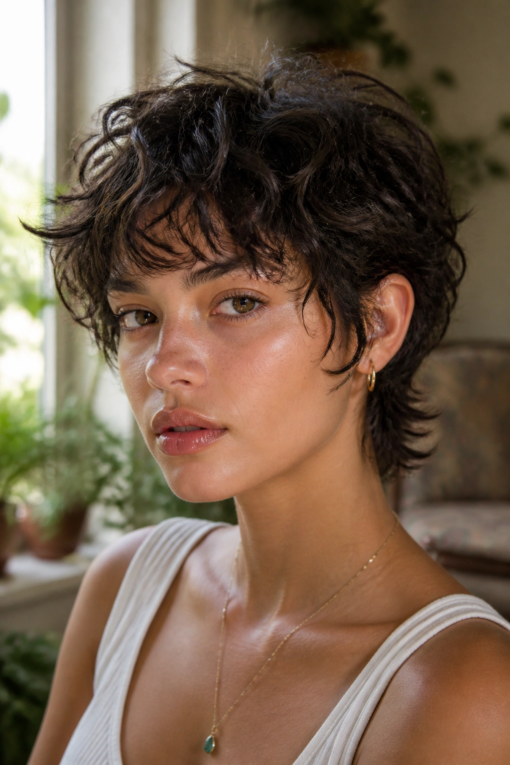 Close-up of a real person with Curly Bixie Wolf Cut and airy fringe.