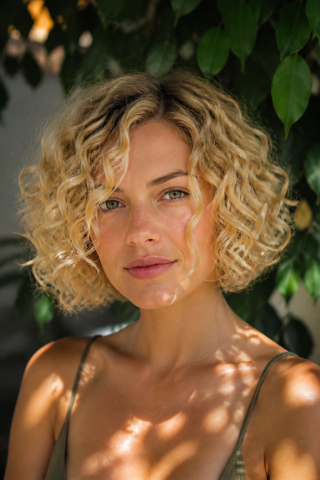 Real woman with curly blonde bob showing sculpted shape