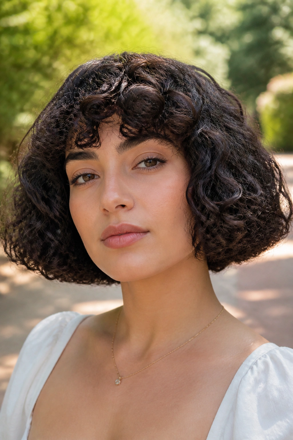 Real woman with curly blunt bob showing defined perimeter