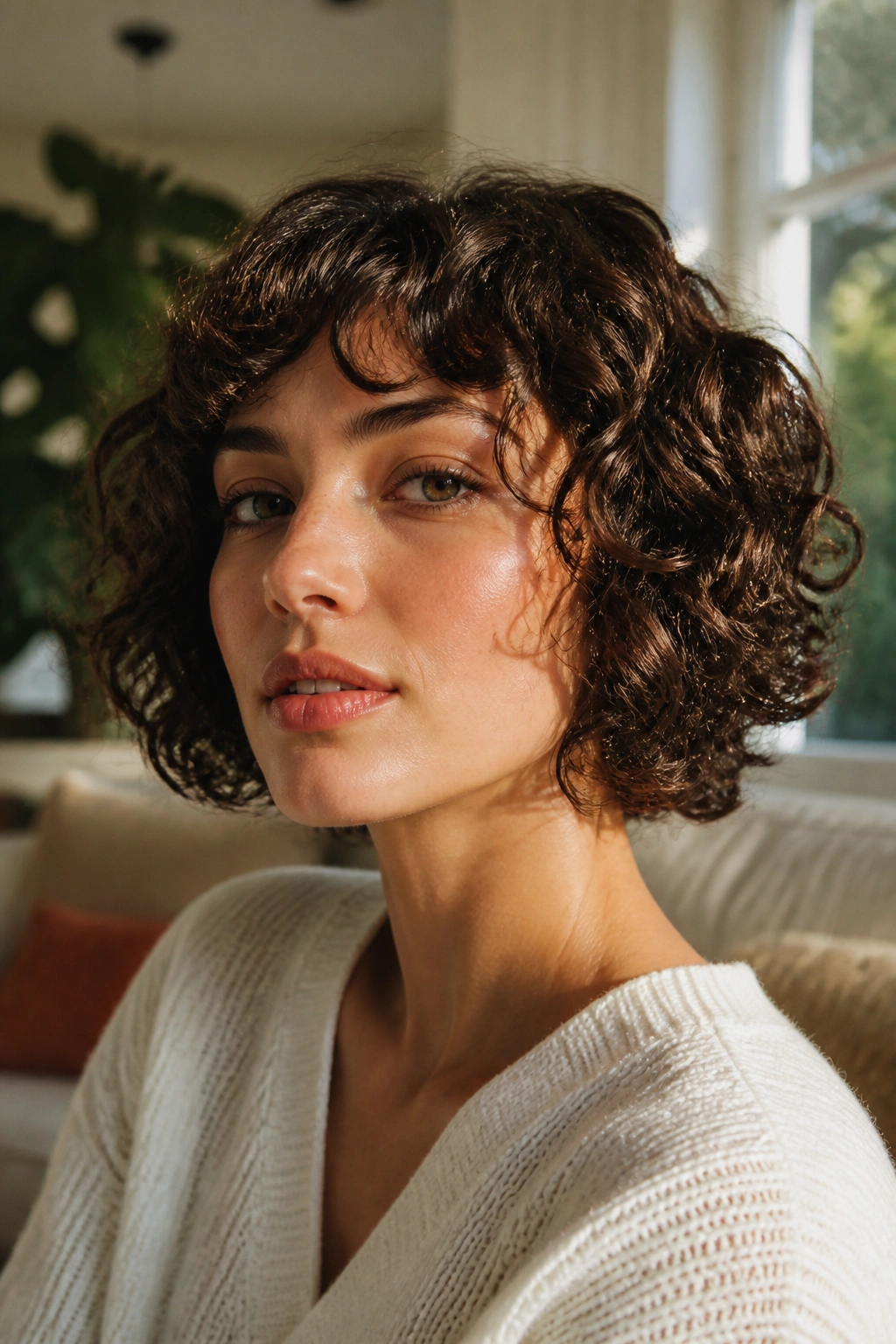 Close-up portrait of a real woman with a jaw-length curly bob in warm window-light living room.