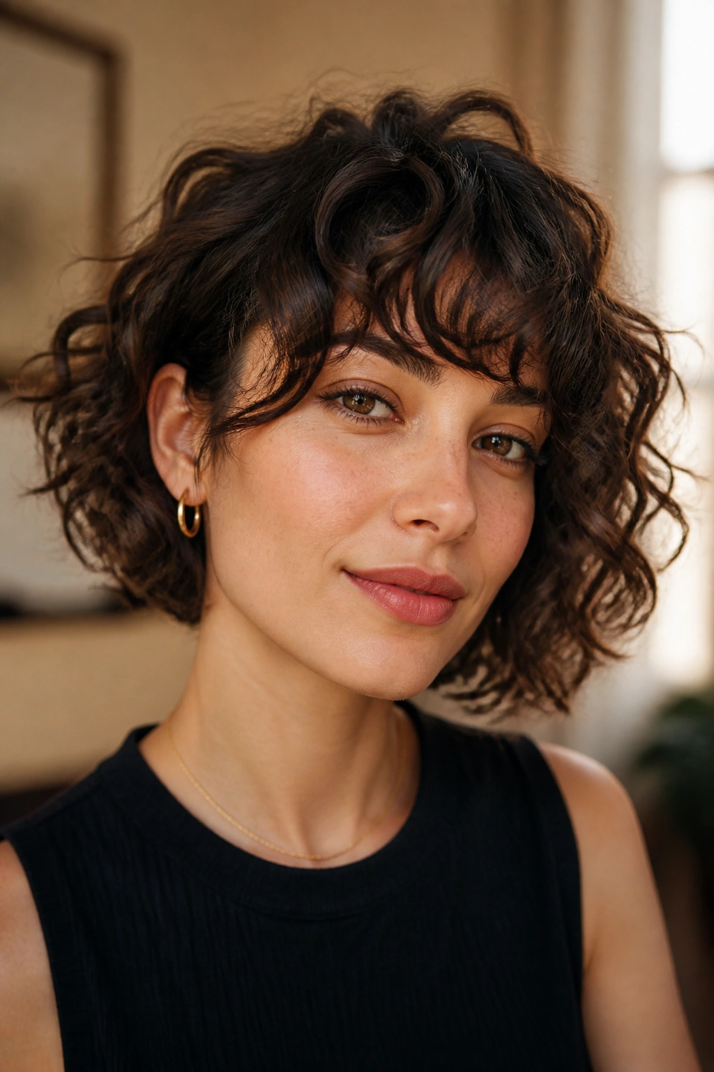 Close-up of a real woman with Curly French Bob with Airy Fringe