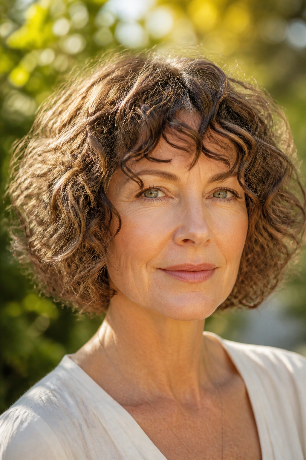 Portrait of a woman with curly chin-length bob and curly bangs in warm daylight