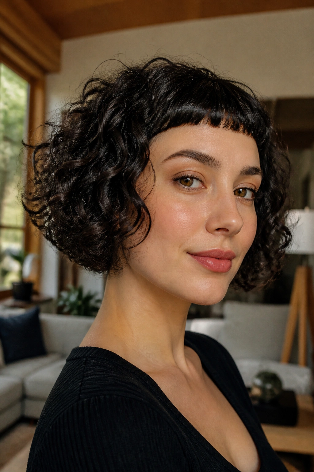 Close-up portrait of Curly Bob with Micro Bangs on a real person under natural window light