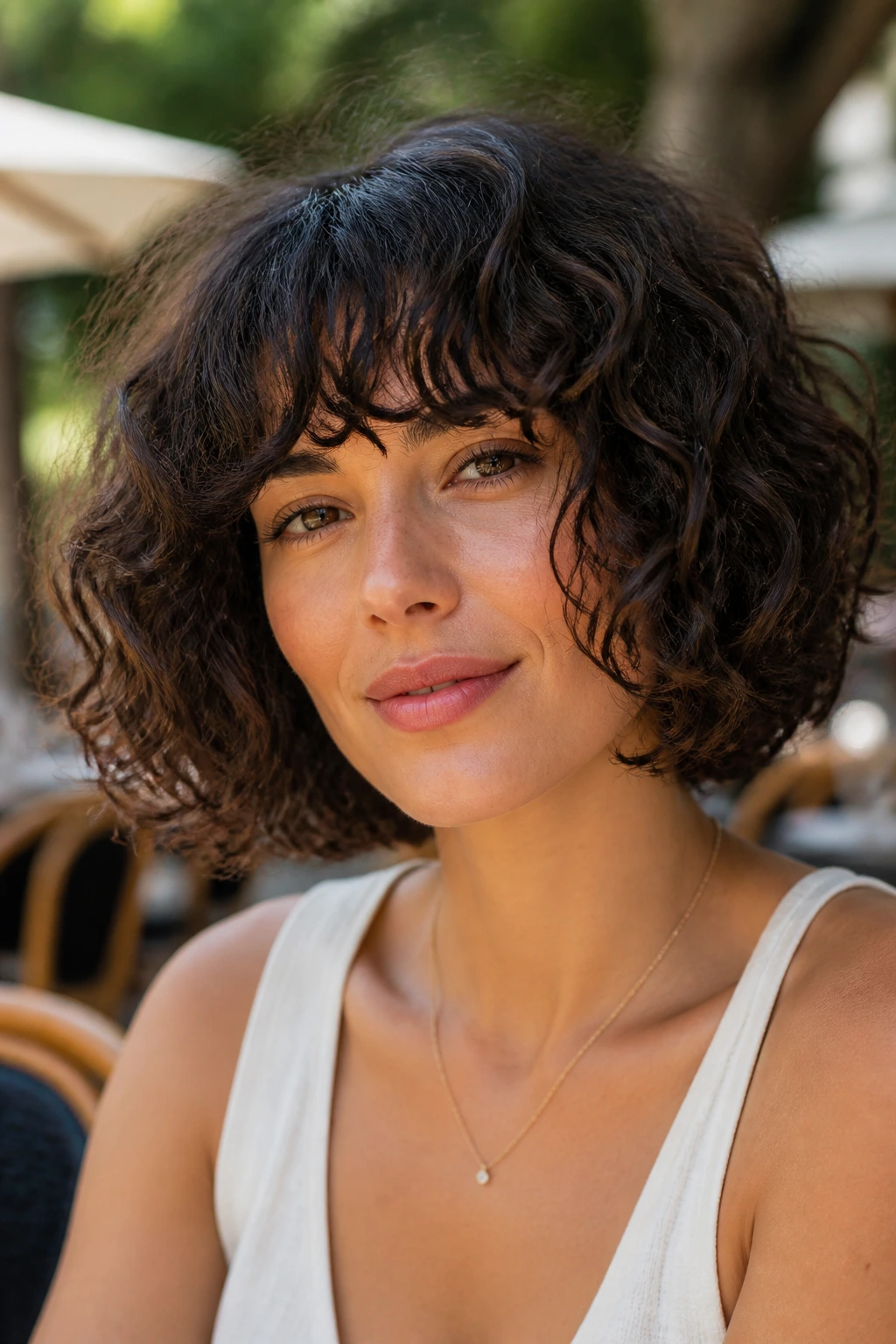 Portrait of a real person with curly bob and bangs outdoors