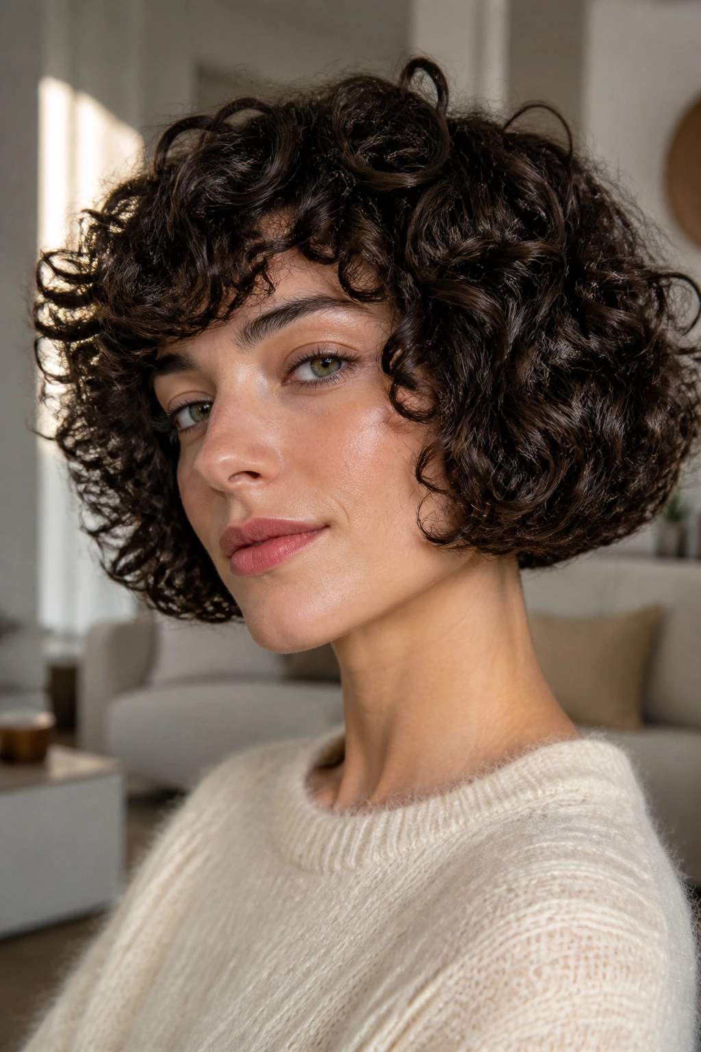 Close-up of a woman with curly bob boxy shape and defined corners