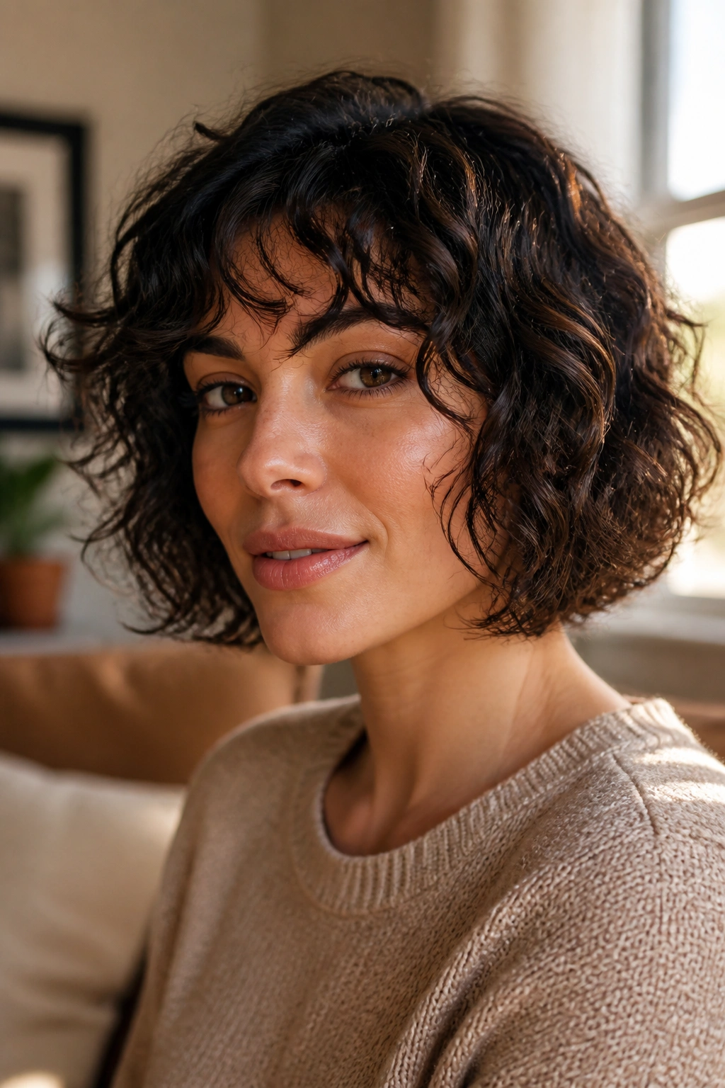 Close-up portrait of a real woman with a curly bob chin-length following curl pattern