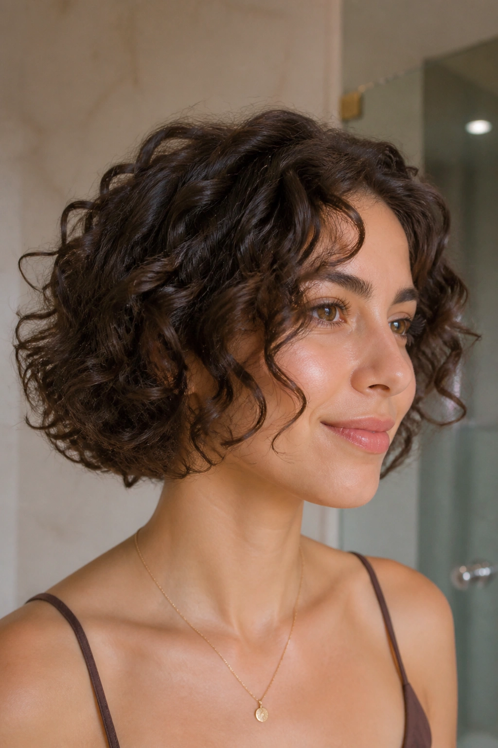 Real person wearing chin-length curly bob with jaw-skimming front pieces