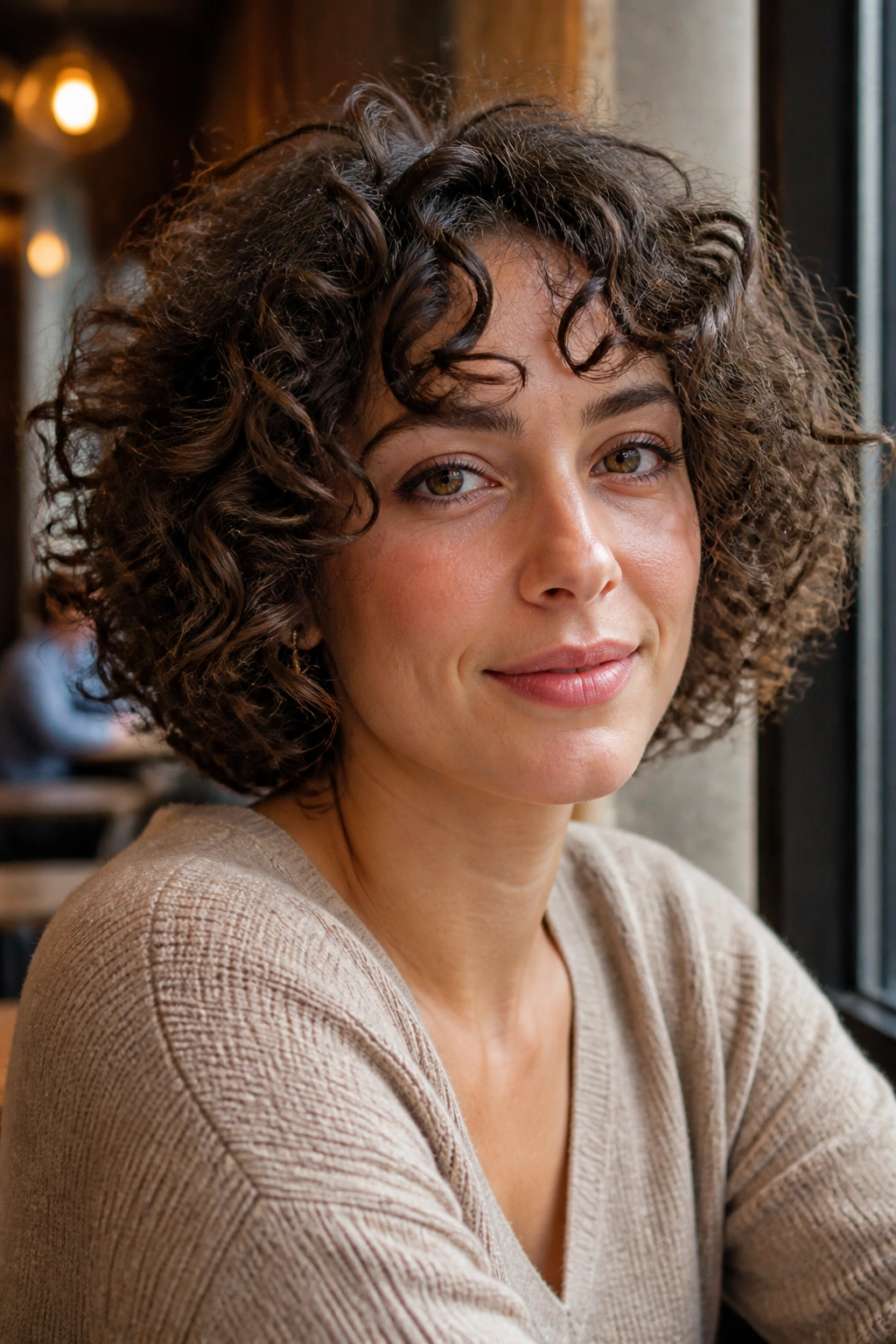Portrait of a real woman with a curly bob, curls framing her face.