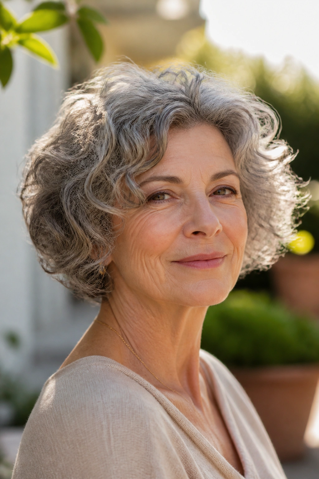 Portrait of a woman with a curly bob and controlled volume
