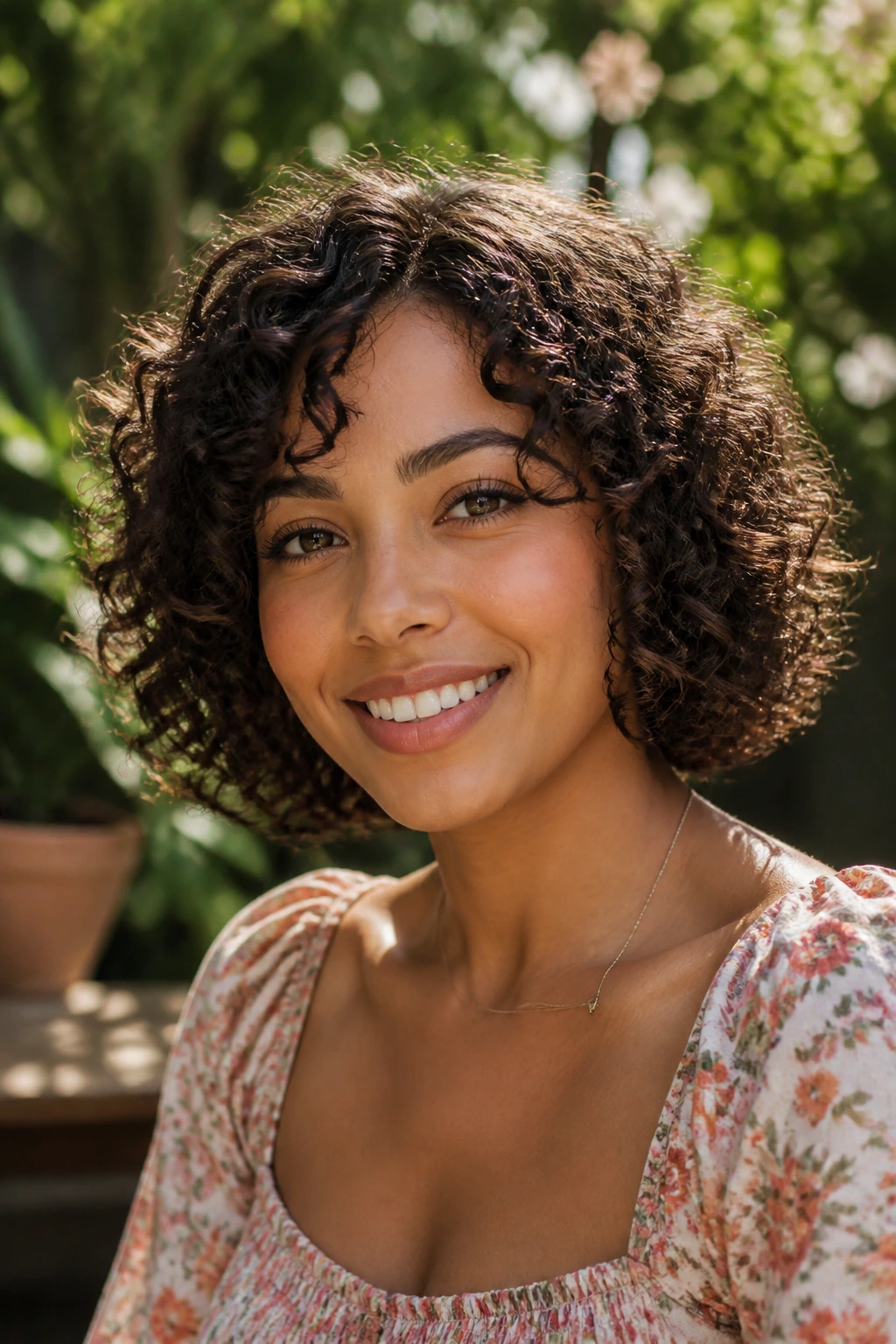 Portrait of a real woman with a curly bob shaped to her curl pattern in natural sunlight