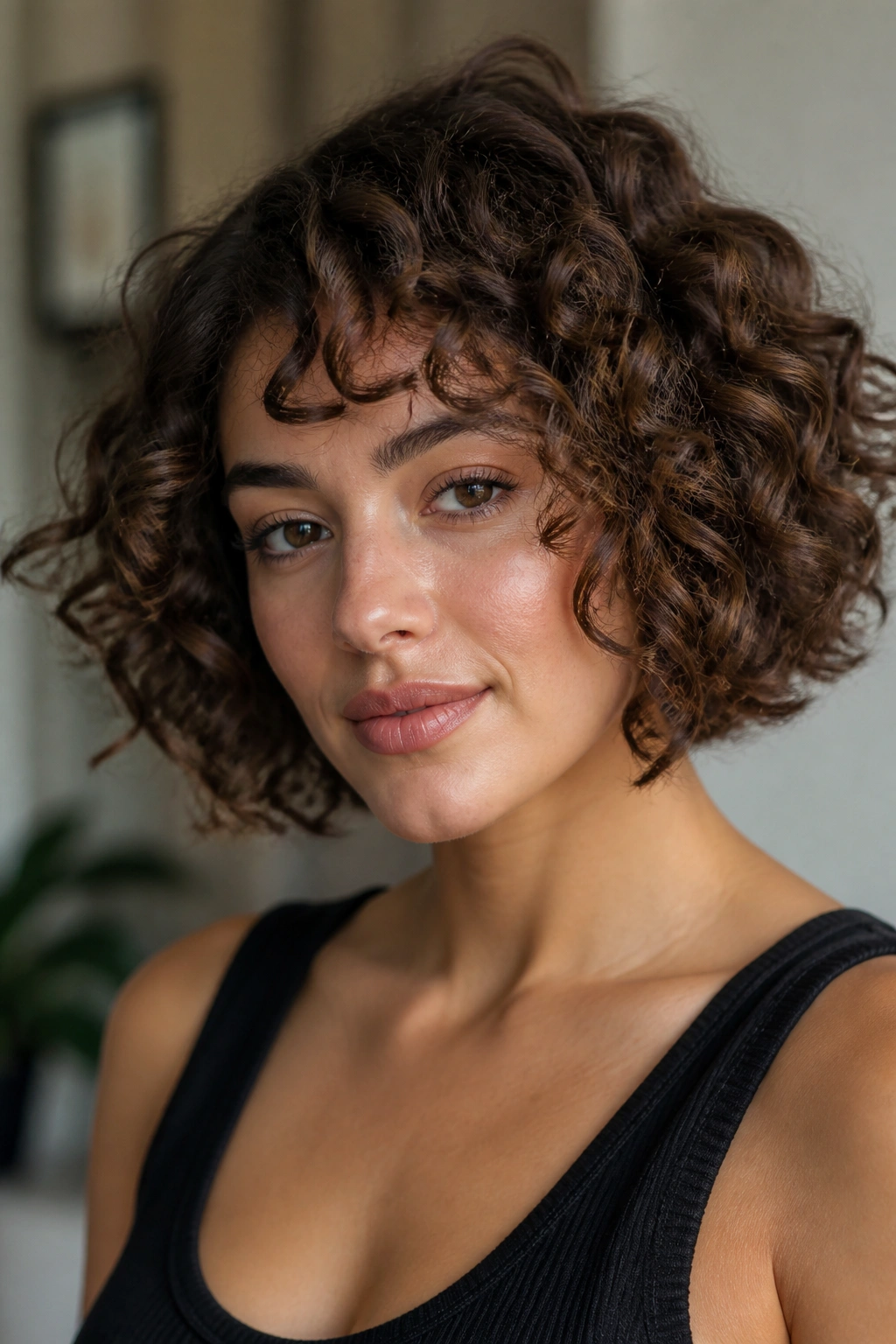 Close-up portrait of a real woman with a chin-length curly bob and defined curls.