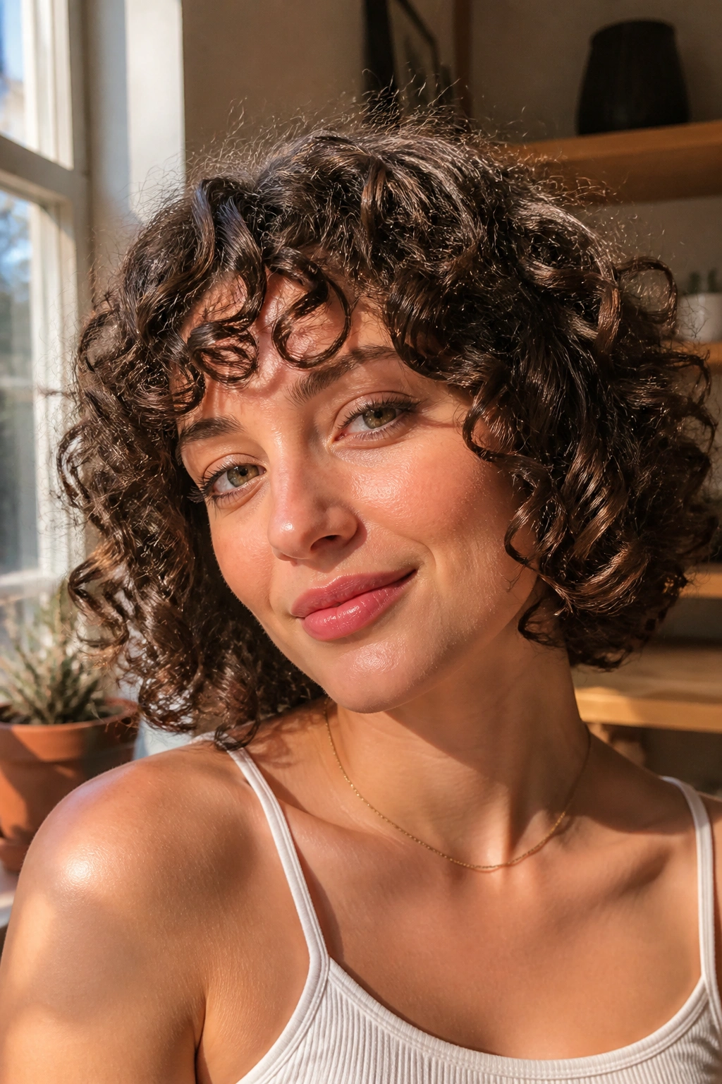 Close-up of curly bob with curly bangs on a real woman in natural light