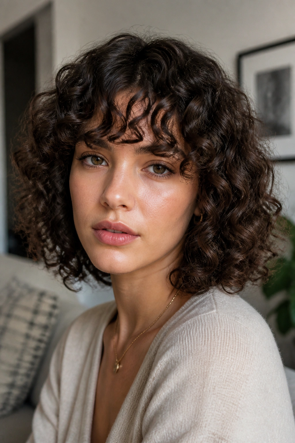 Close-up of a woman with a curly bob and curly bangs
