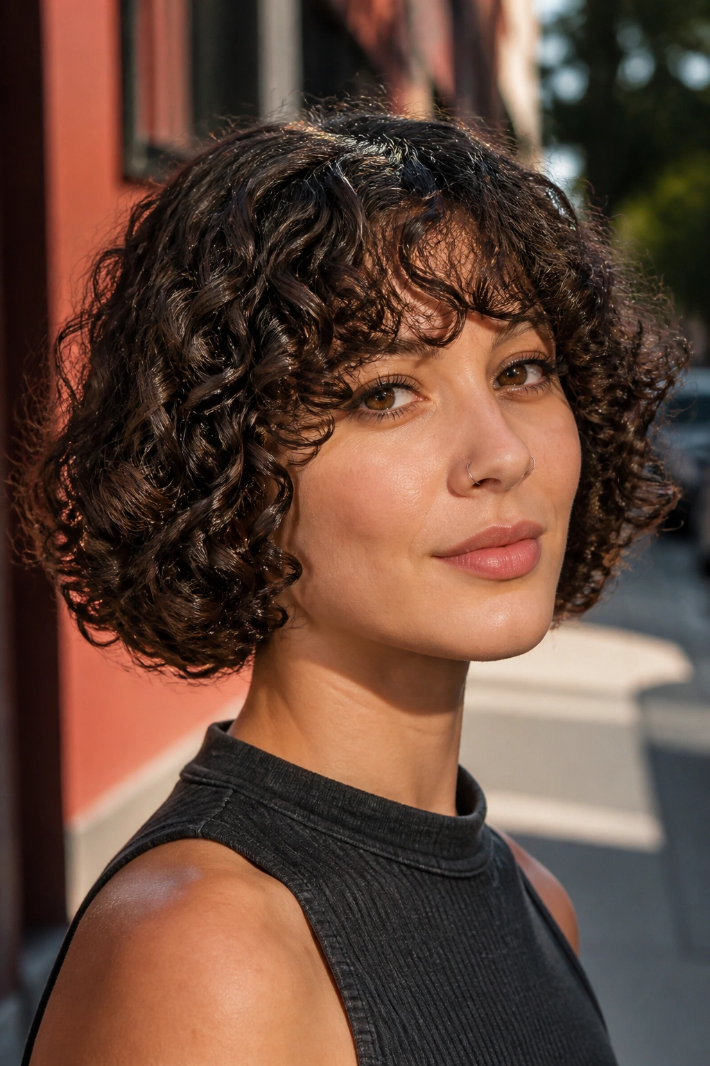 Real woman with curly one-length bob and curly fringe in outdoor light
