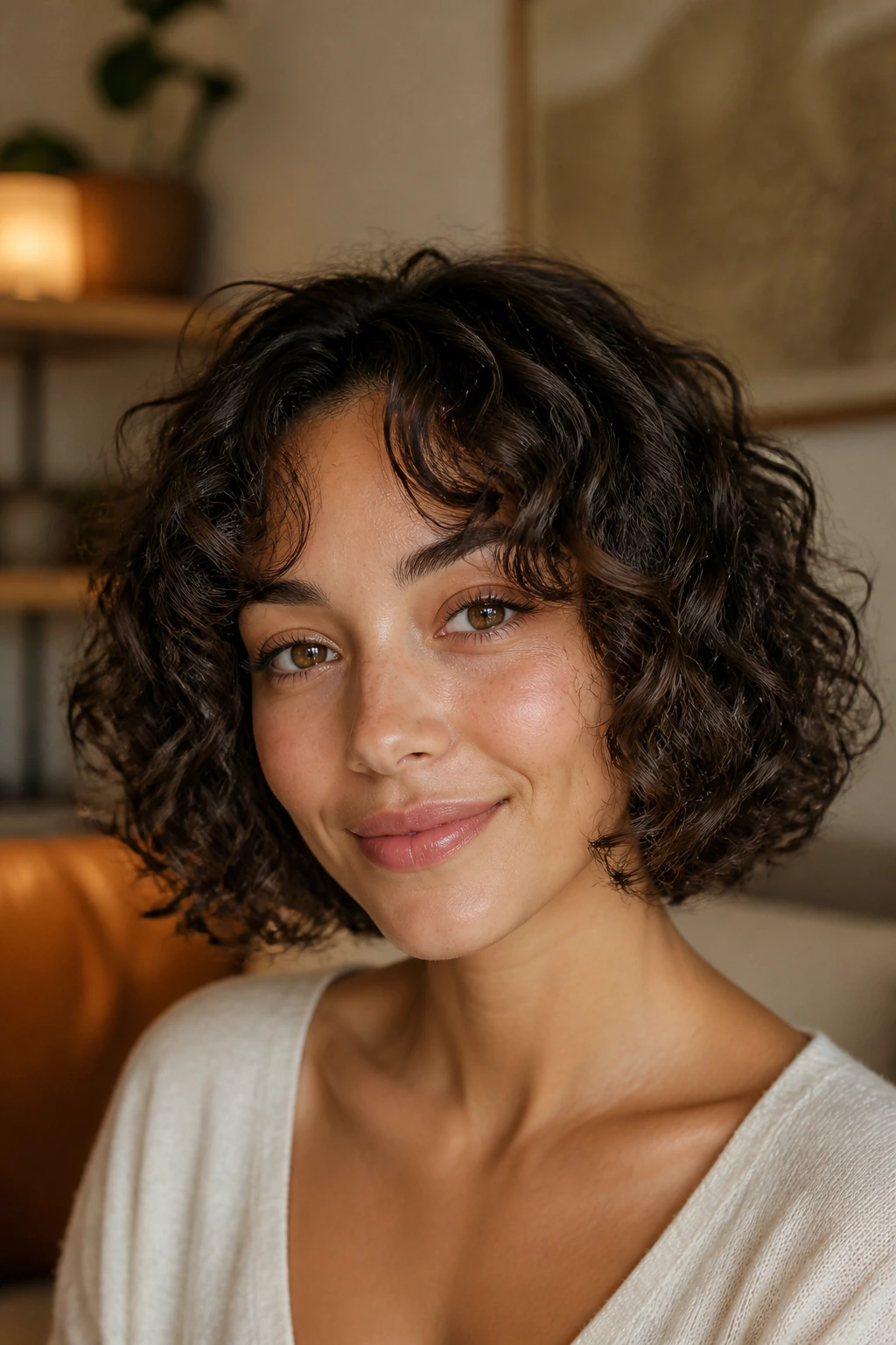Real woman with curly bob and curtain bangs in a warm setting