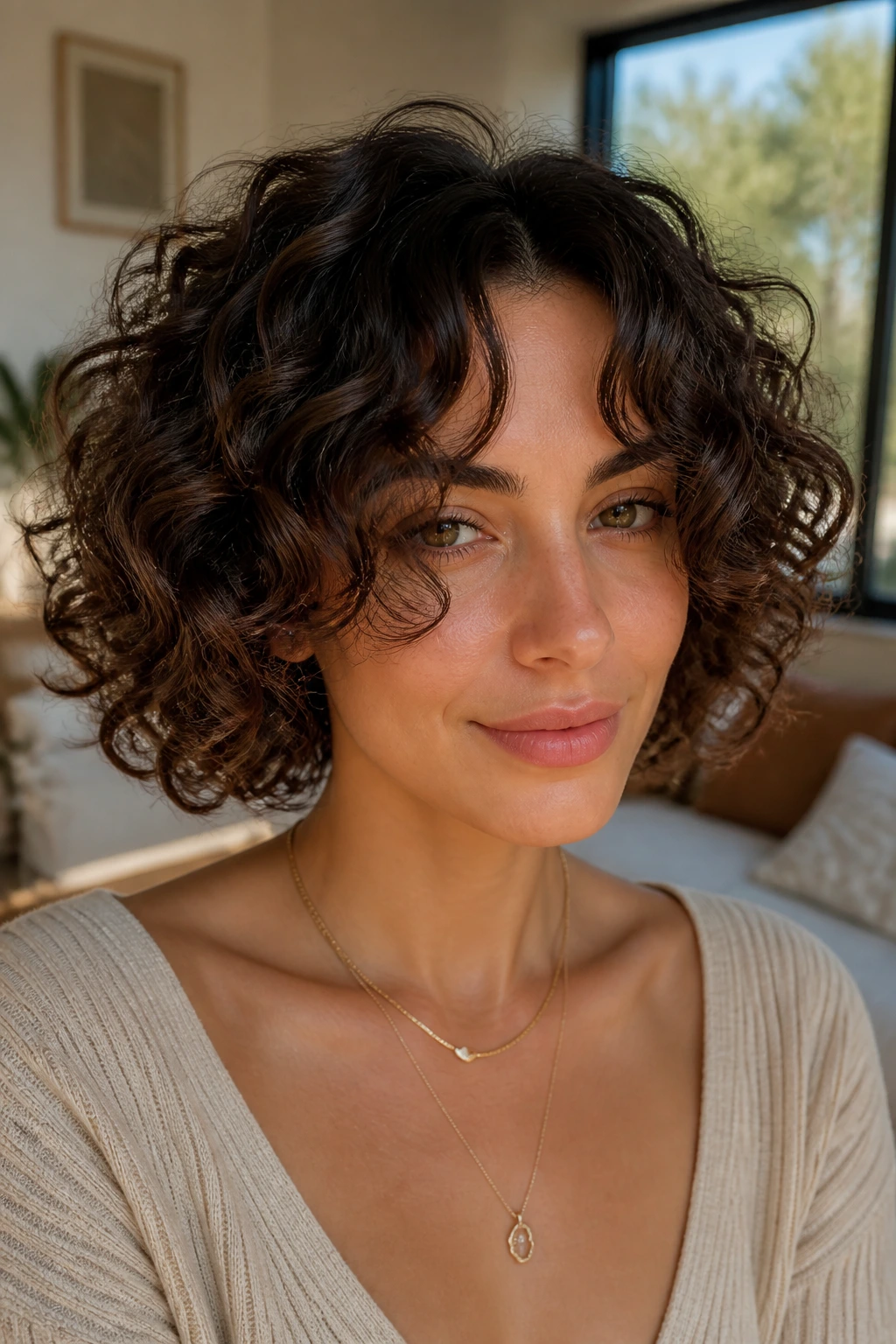 Close-up of a real woman with curly bob and long curtain bangs in natural light