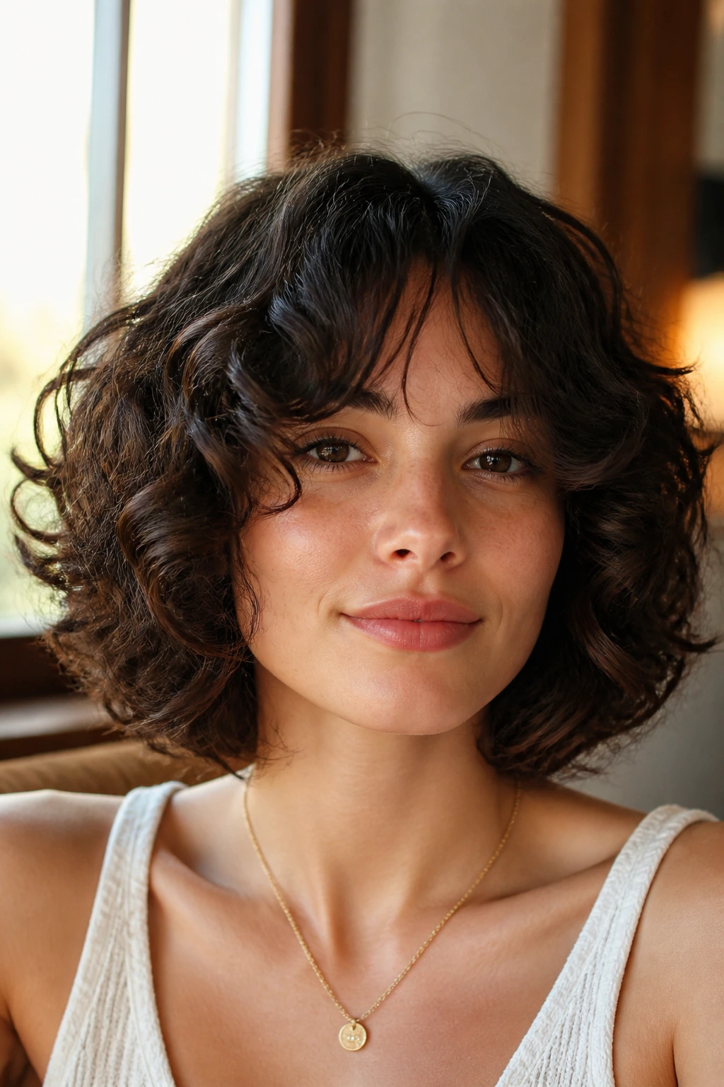 Portrait of a real person with curly bob and curtain bangs, center-parted fringe