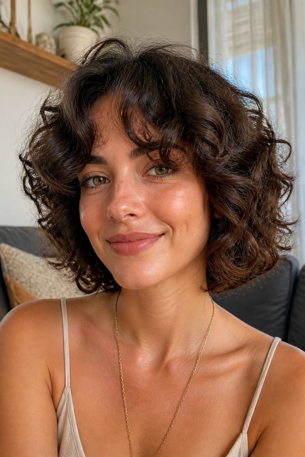 Close-up portrait of a woman with curly bob and curtain bangs in a cozy living room.