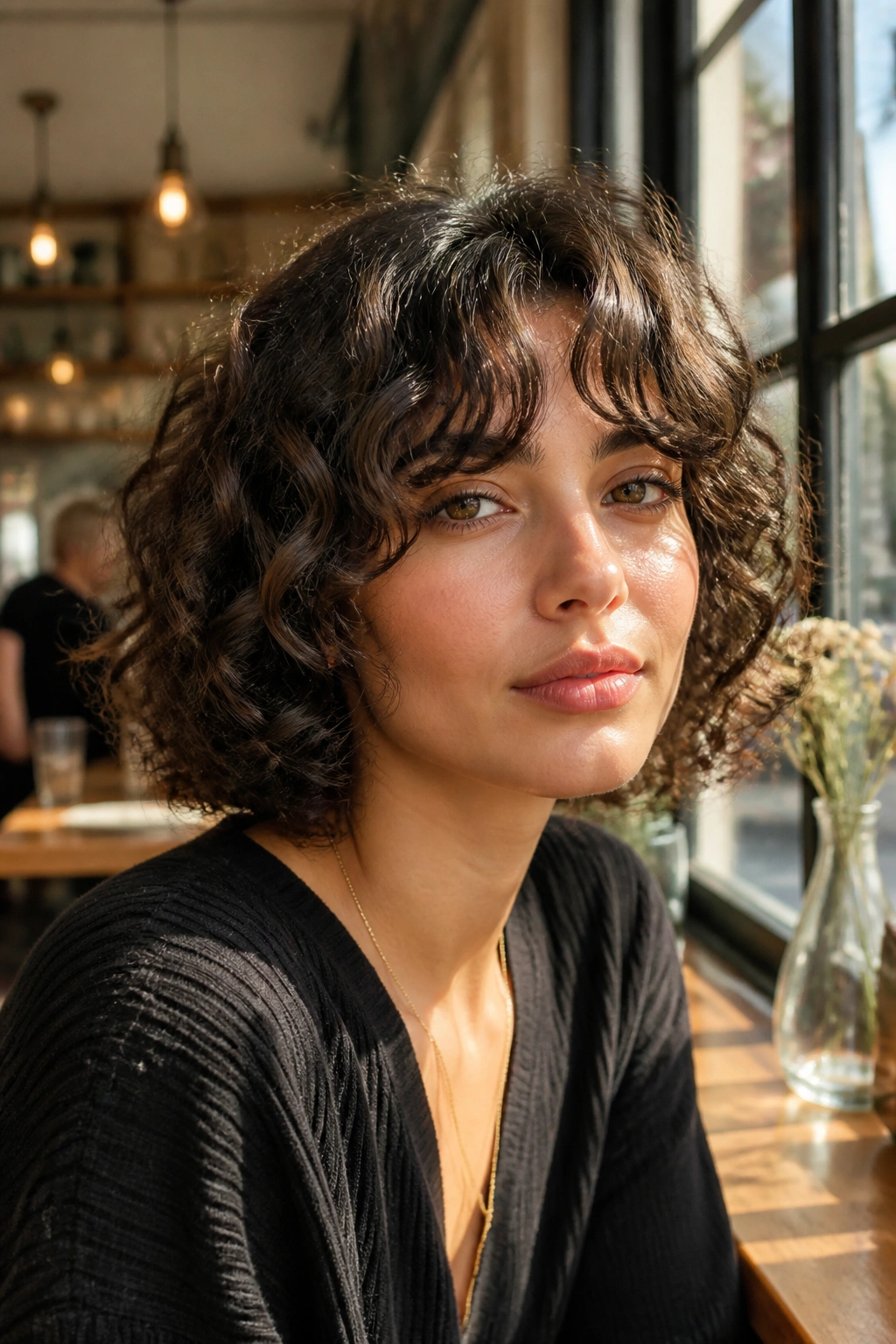 Close-up portrait of a real woman with curtain bangs curly bob in a cafe setting