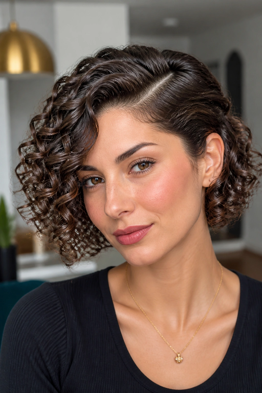 Close-up of a woman with curly bob and deep side part in a bright room