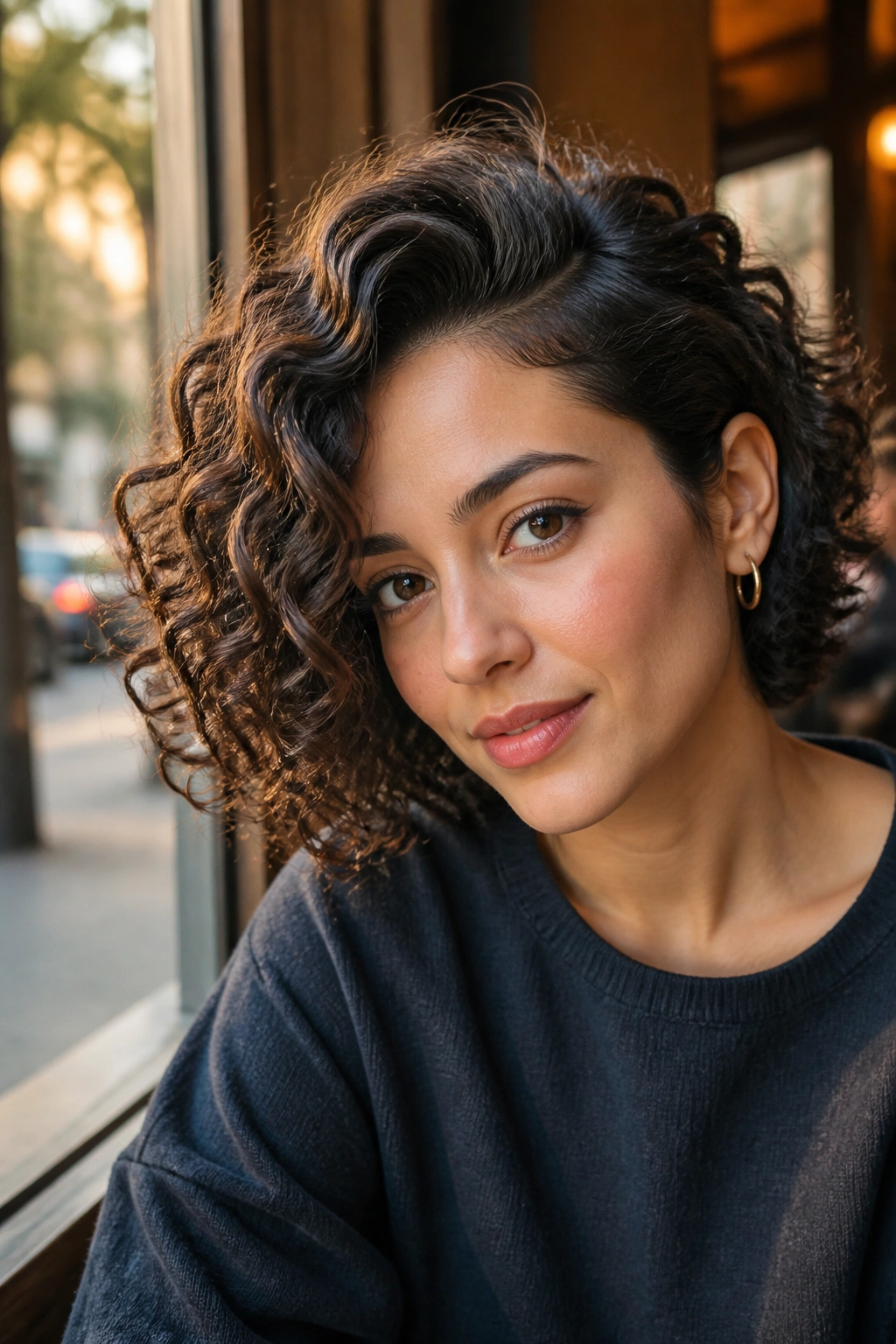 Real woman with deep side part curly bob in warm window light