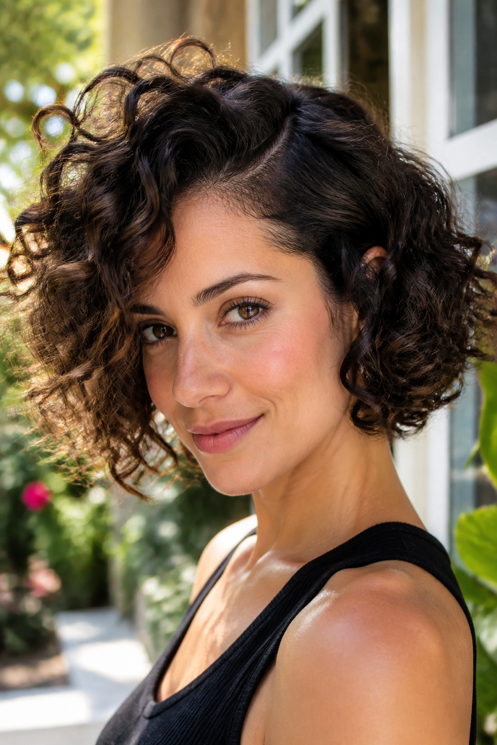 Close-up of a woman with a curly bob and deep side part