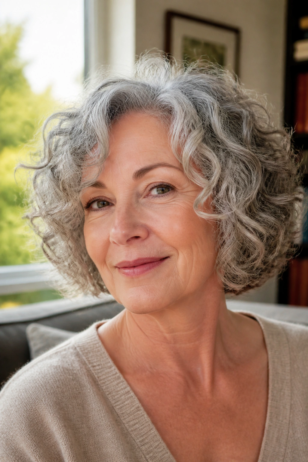 Real woman with curly bob and diffused shape in natural light