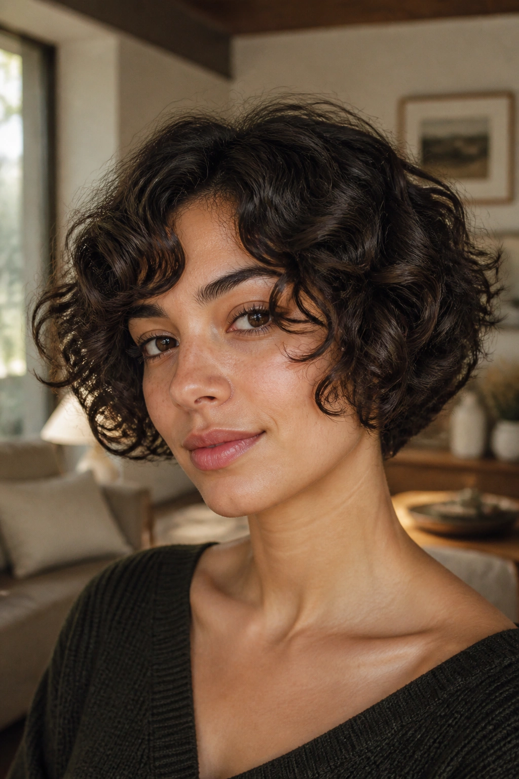 Real woman with curly ear-length bob letting texture lead.