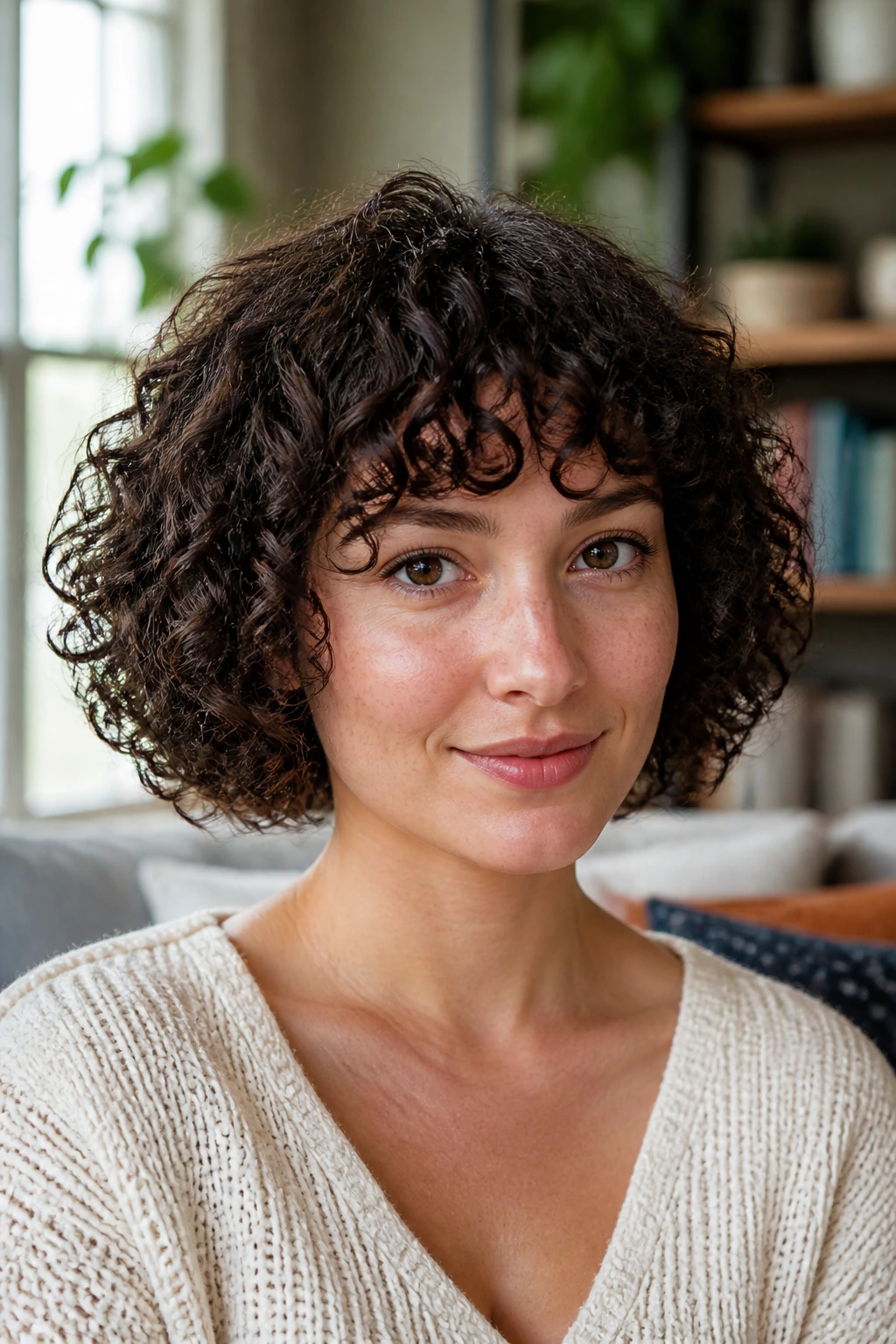 Close-up of real woman with curly bob and fringe