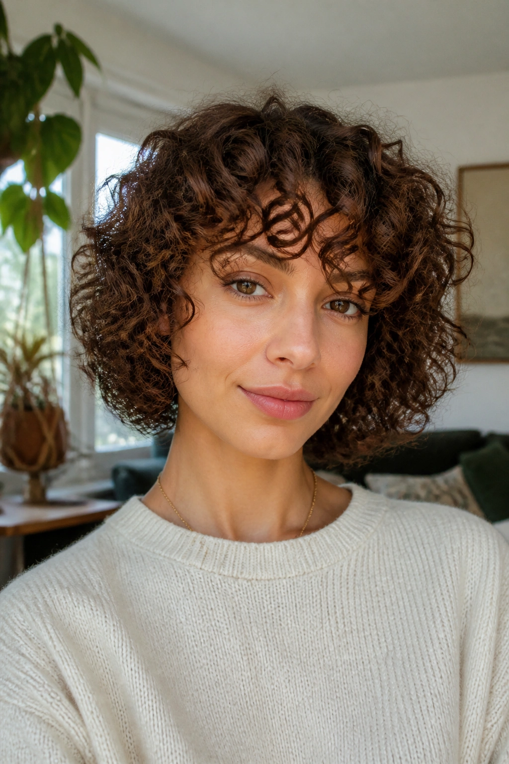 Close-up of a real woman with a curly bob and curly fringe in a bright, plant-filled room