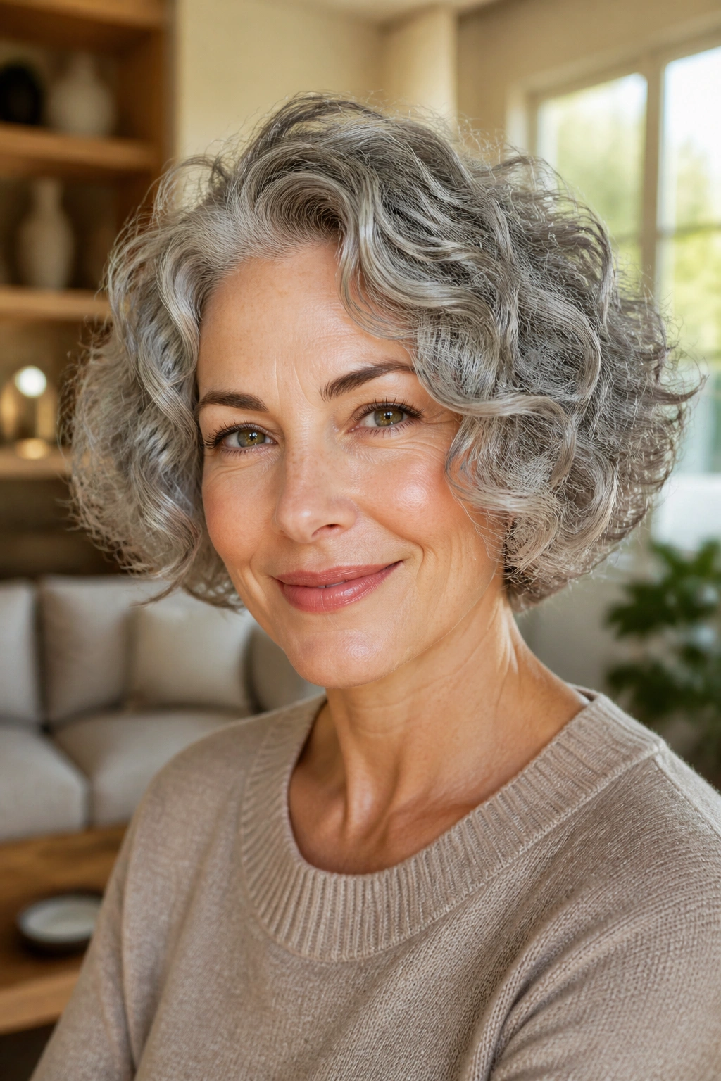 Real woman with jaw-length curly bob hairstyle