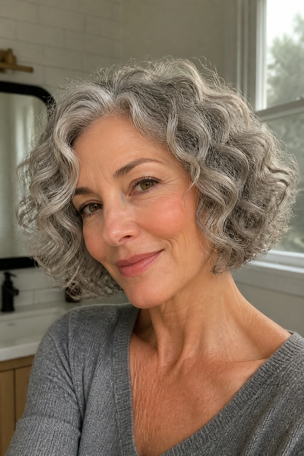 Real woman with curly bob on wavy hair in a sunlit bathroom