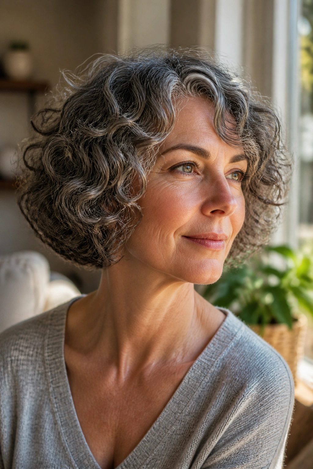 Close-up of a woman with a chin-length curly bob in natural light.