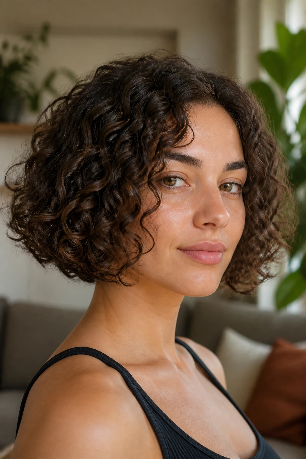 Close-up portrait of a real woman with a chin-length curly bob