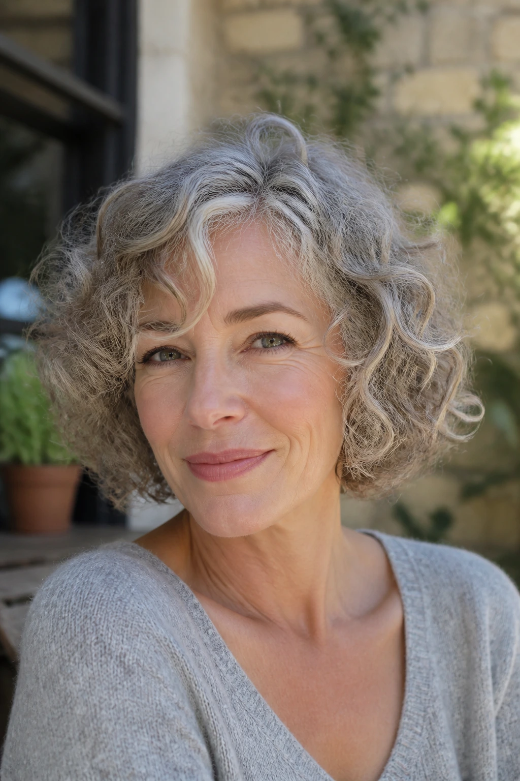 Portrait of a woman with a jaw-length curly bob.