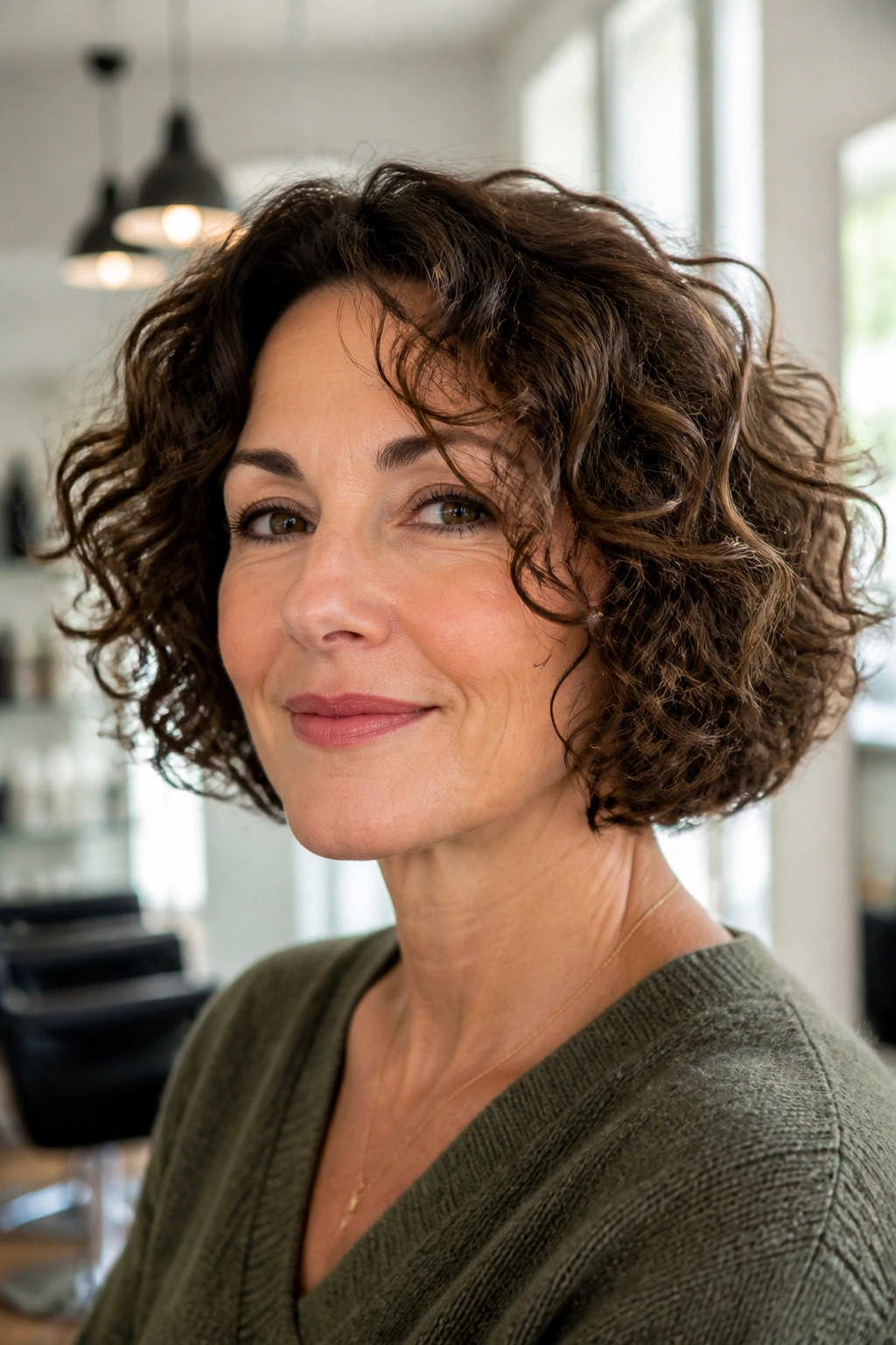Close-up of a real woman with a chin-grazing curly bob framing her jawline