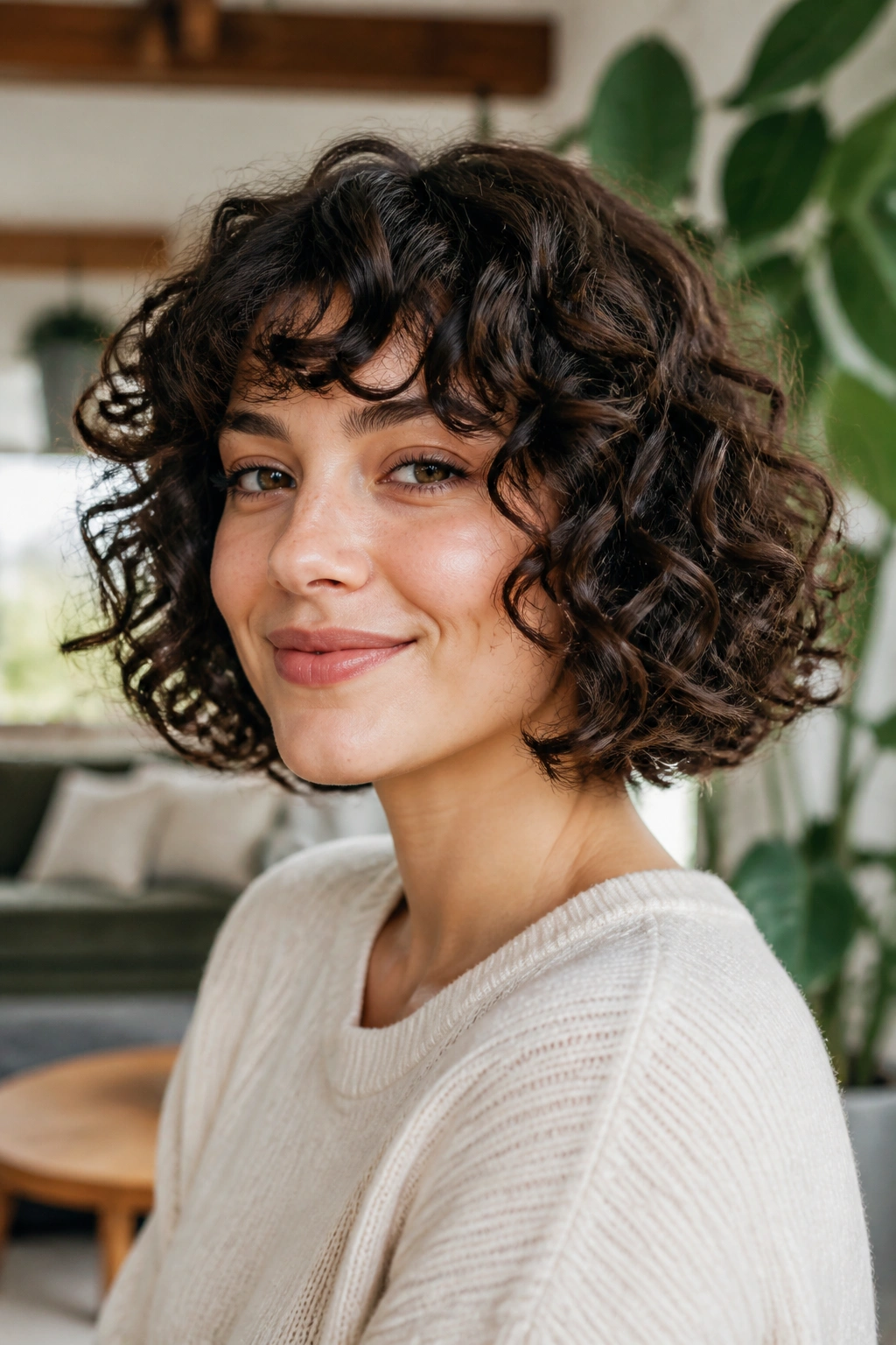 Portrait of woman with chin-length curly bob and defined curls