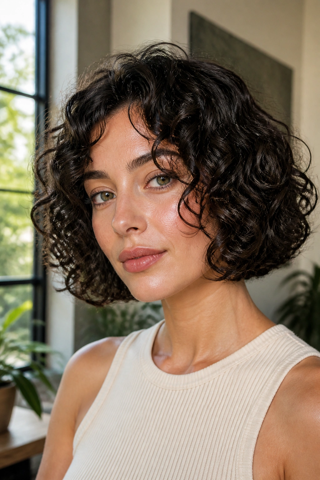 Close-up of a real woman with a curly bob in a bright living room