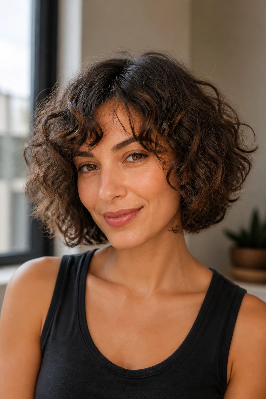 Close-up portrait of a real person with curly bob showing internal layers in natural light