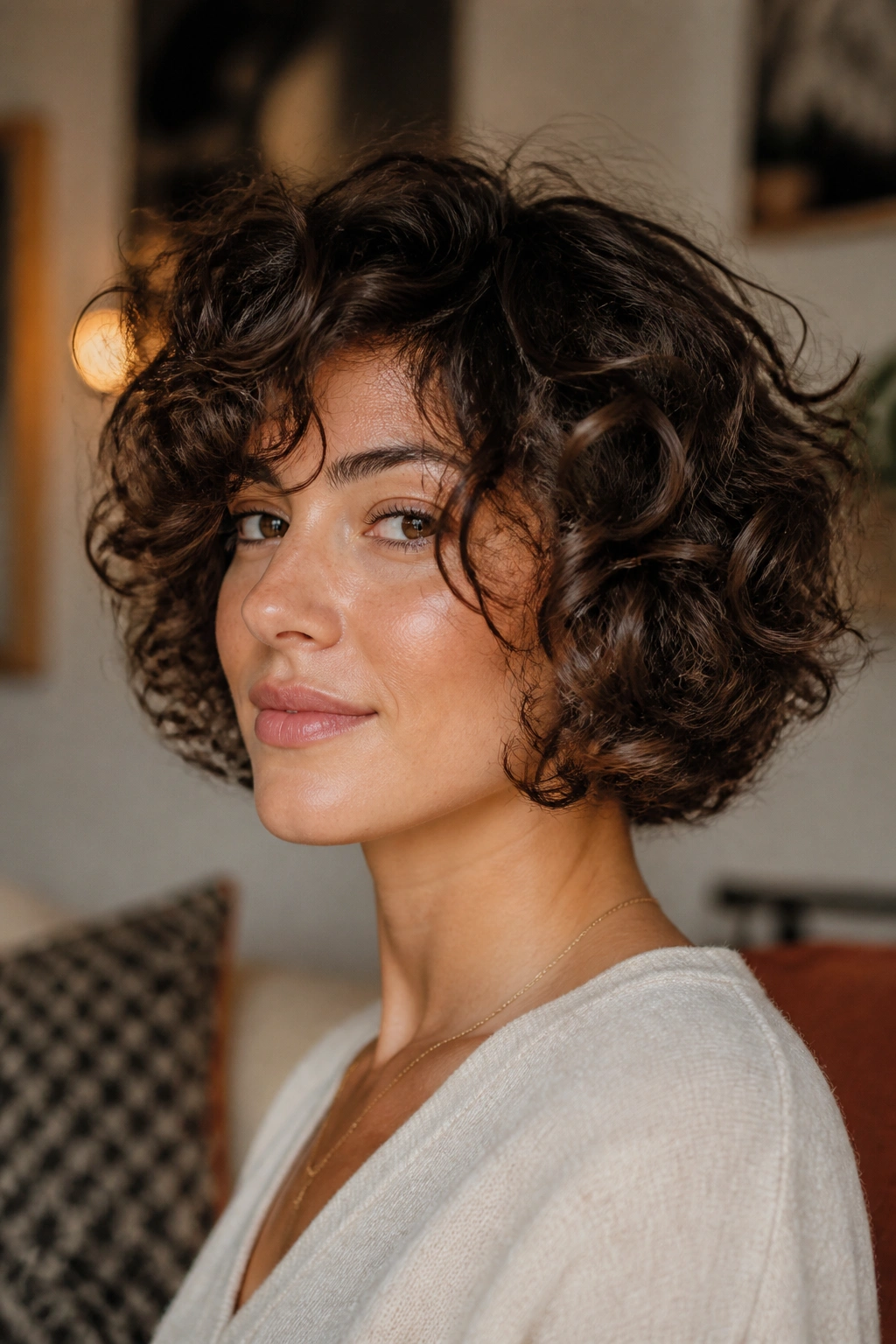 Close-up portrait of a real woman with a curly bob showing internal shape