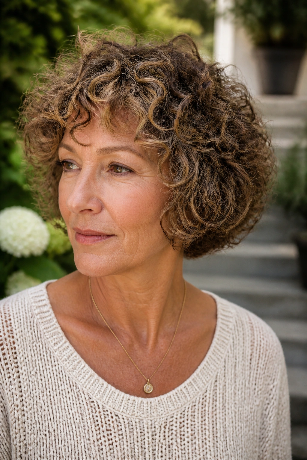 Portrait of a woman with curly layered bob and natural texture in outdoor light
