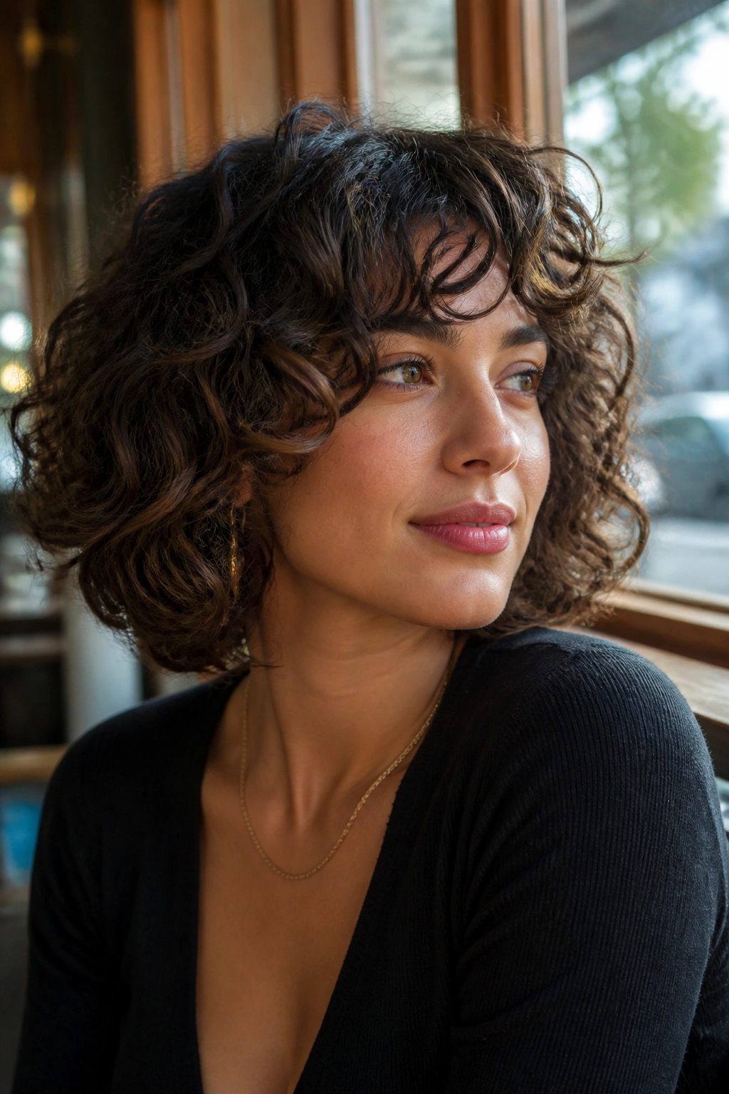 Close-up of a real woman with a curly bob and layered ends.