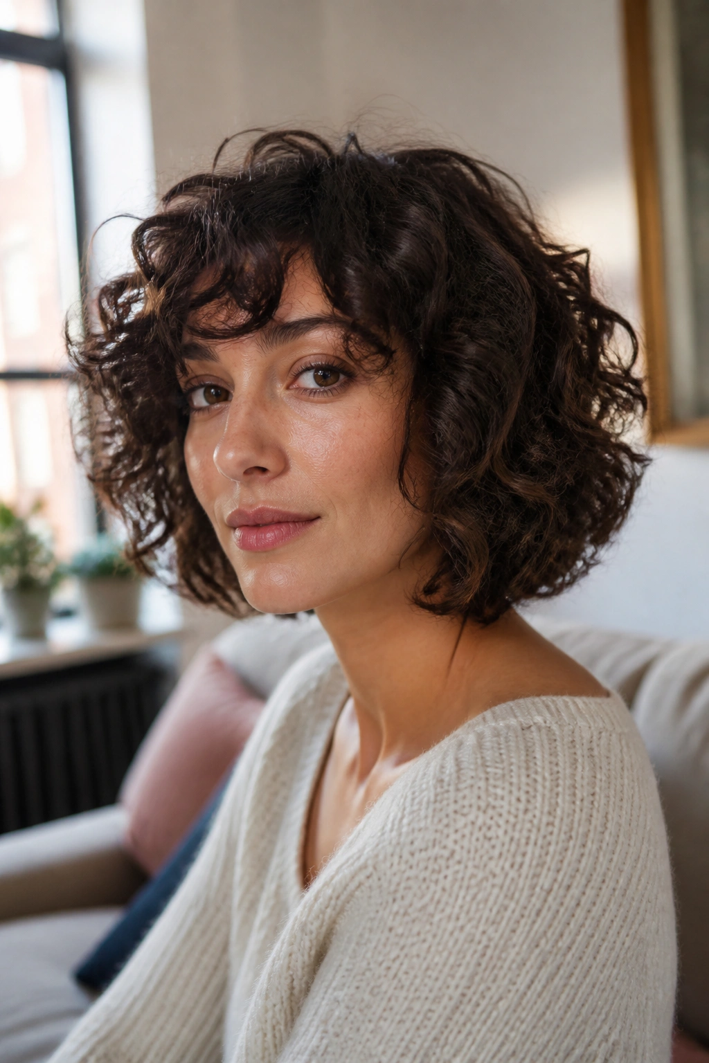 Portrait of a woman with a curly bob showing natural texture