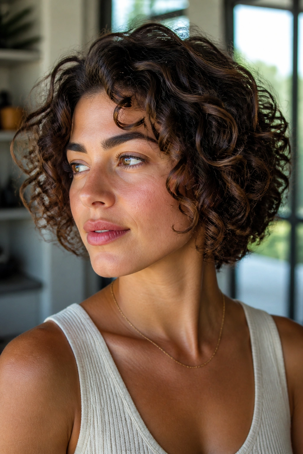 Close-up of a woman with a curly bob shaped to the curl pattern