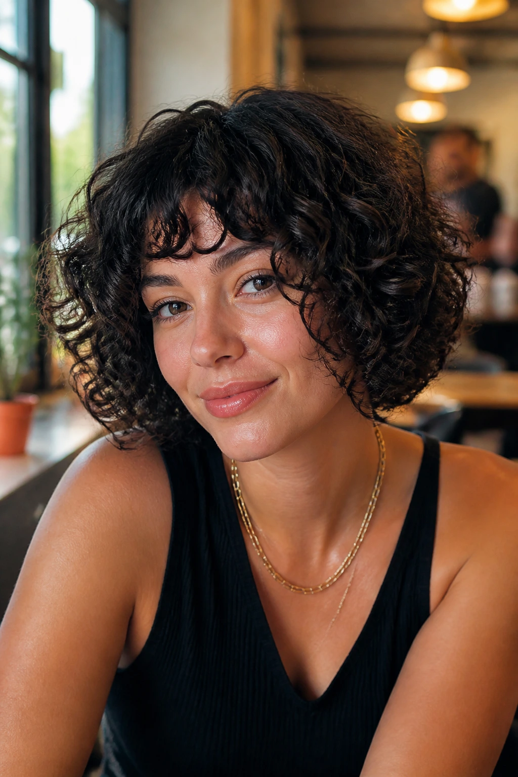 Close-up of a real woman with a jaw-length curly bob in natural light