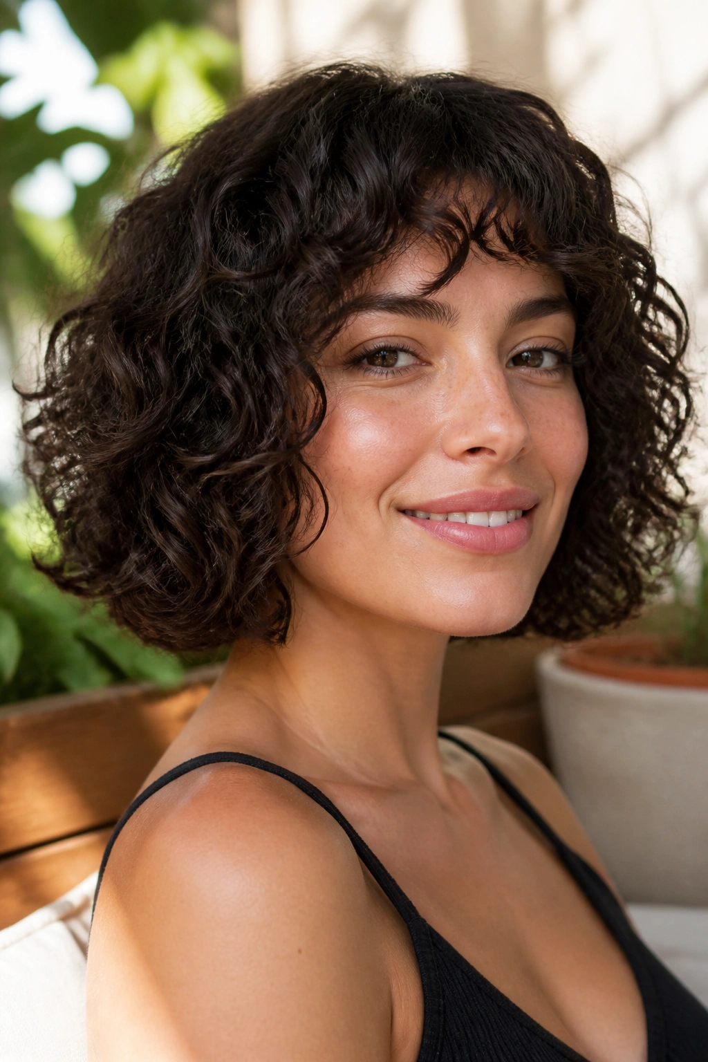 Close-up of a real woman with curly bob outdoors in soft sunlight