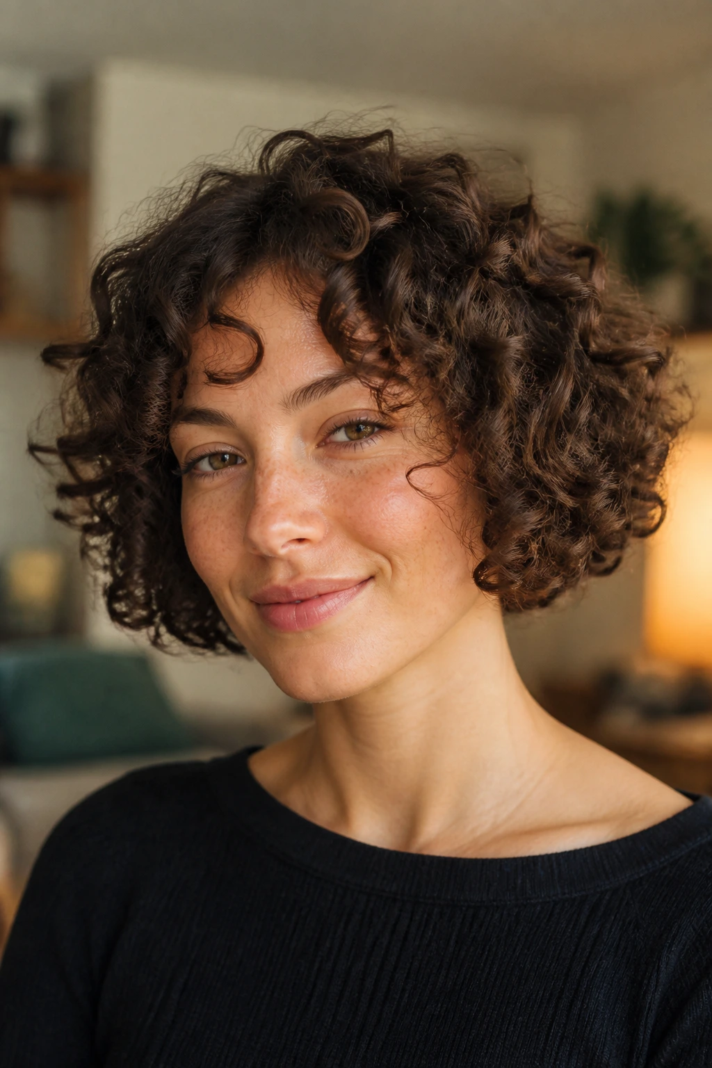 Close-up portrait of a real woman with a curly bob in diffuse natural light.