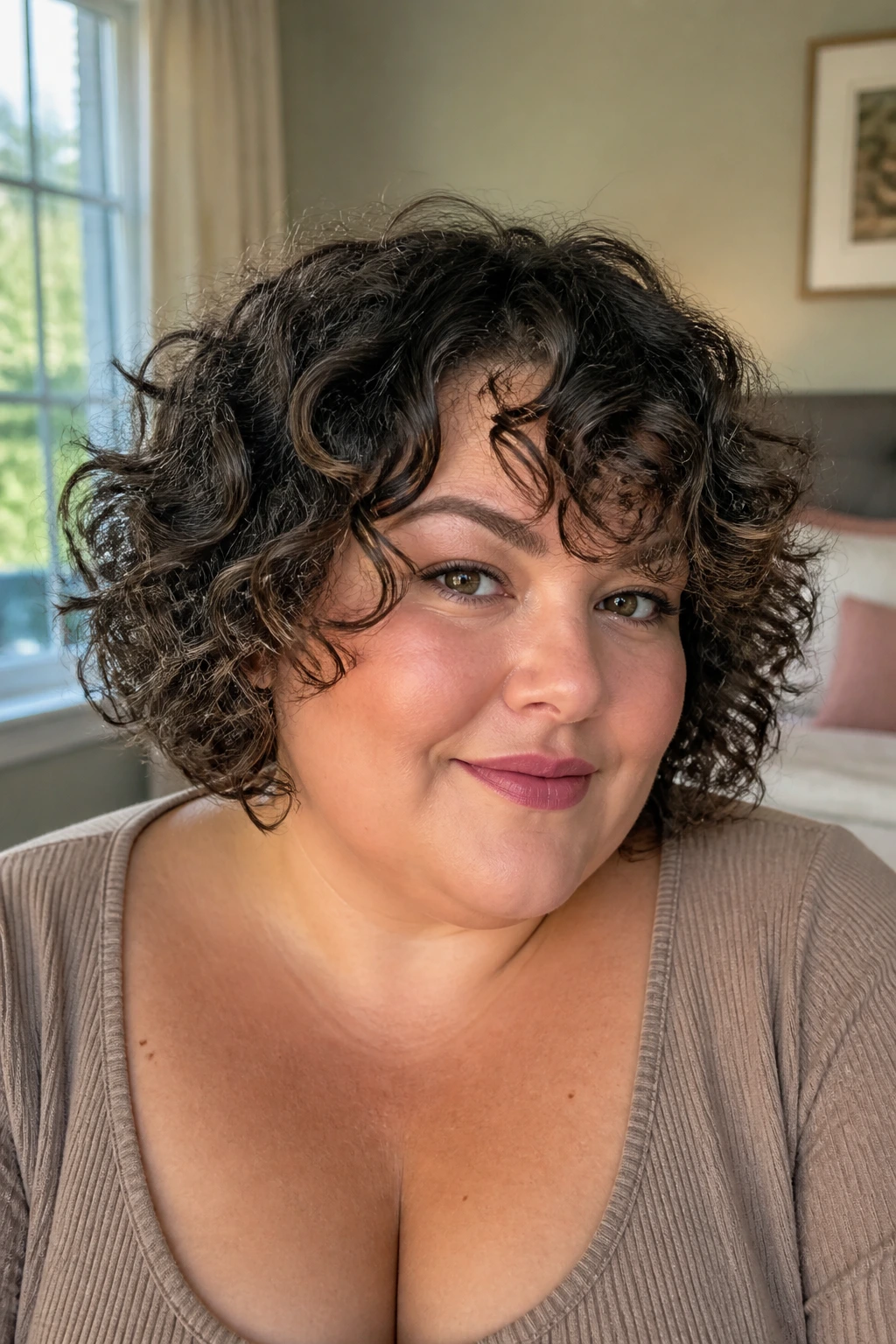 Close-up portrait of a plus-size woman with a curly rounded bob