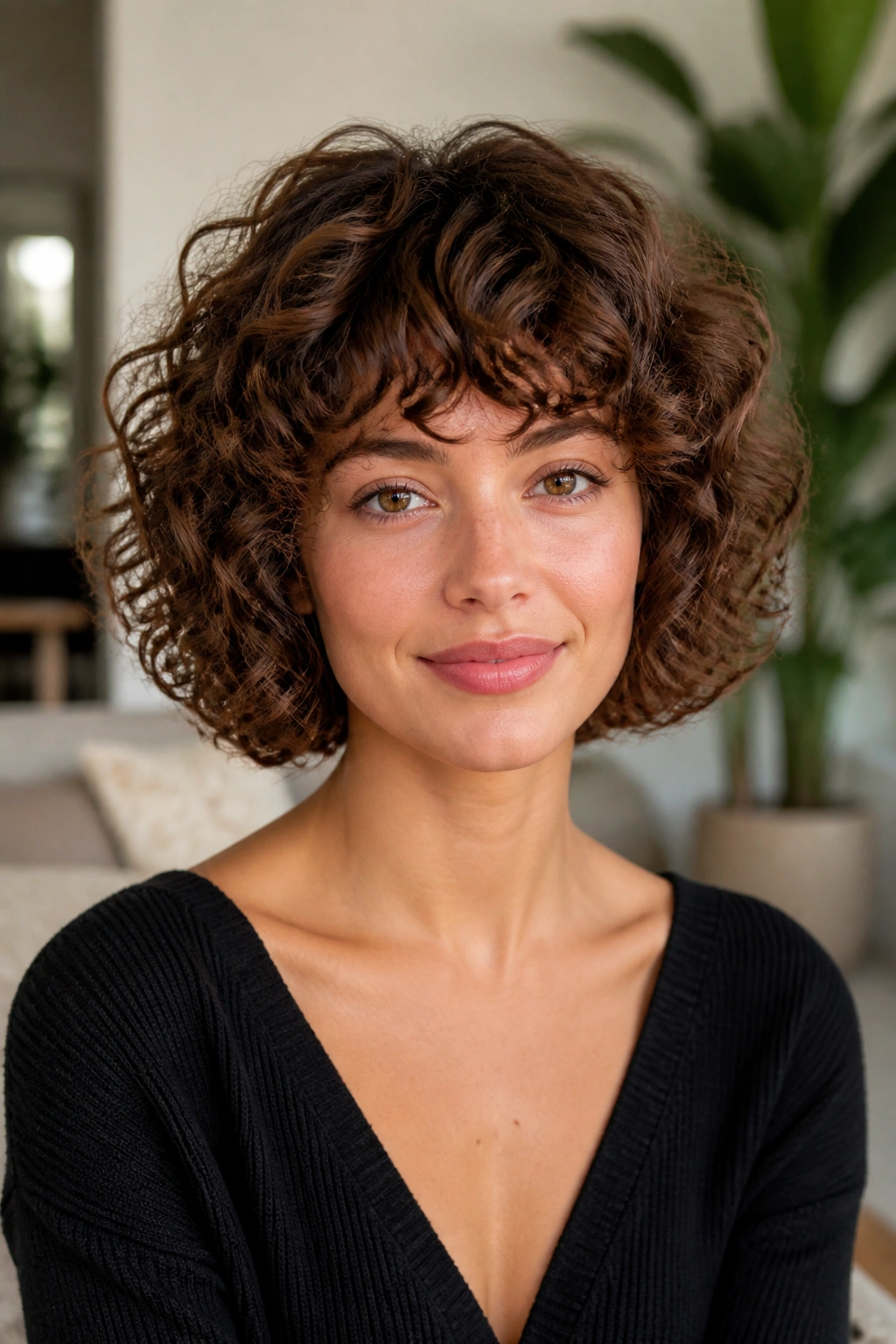 Close-up of a real woman with rounded curly bob in natural daylight